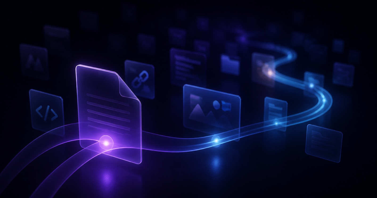 A luminous path reconnecting code, links, files, images, and notes through a dark archive