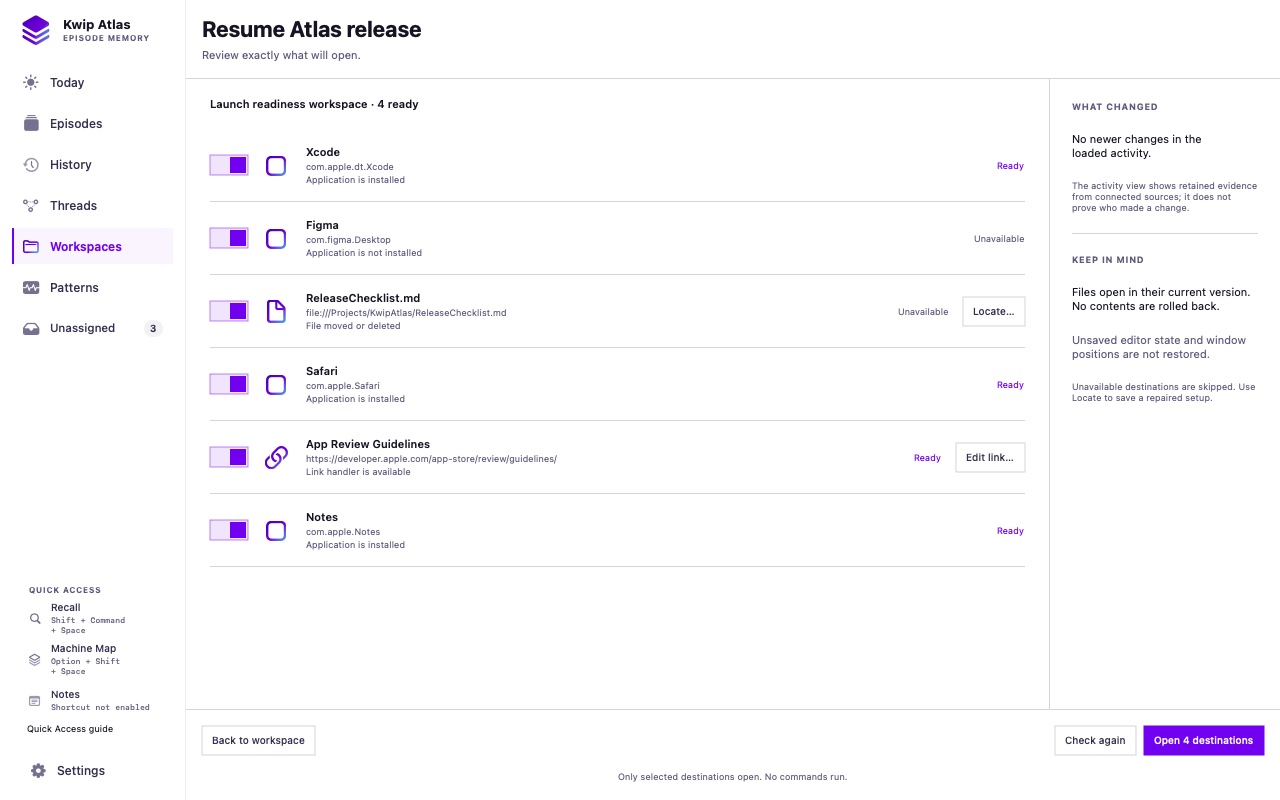 Atlas Workspaces showing a release working set of apps, a checklist, a link, and a pick-up note