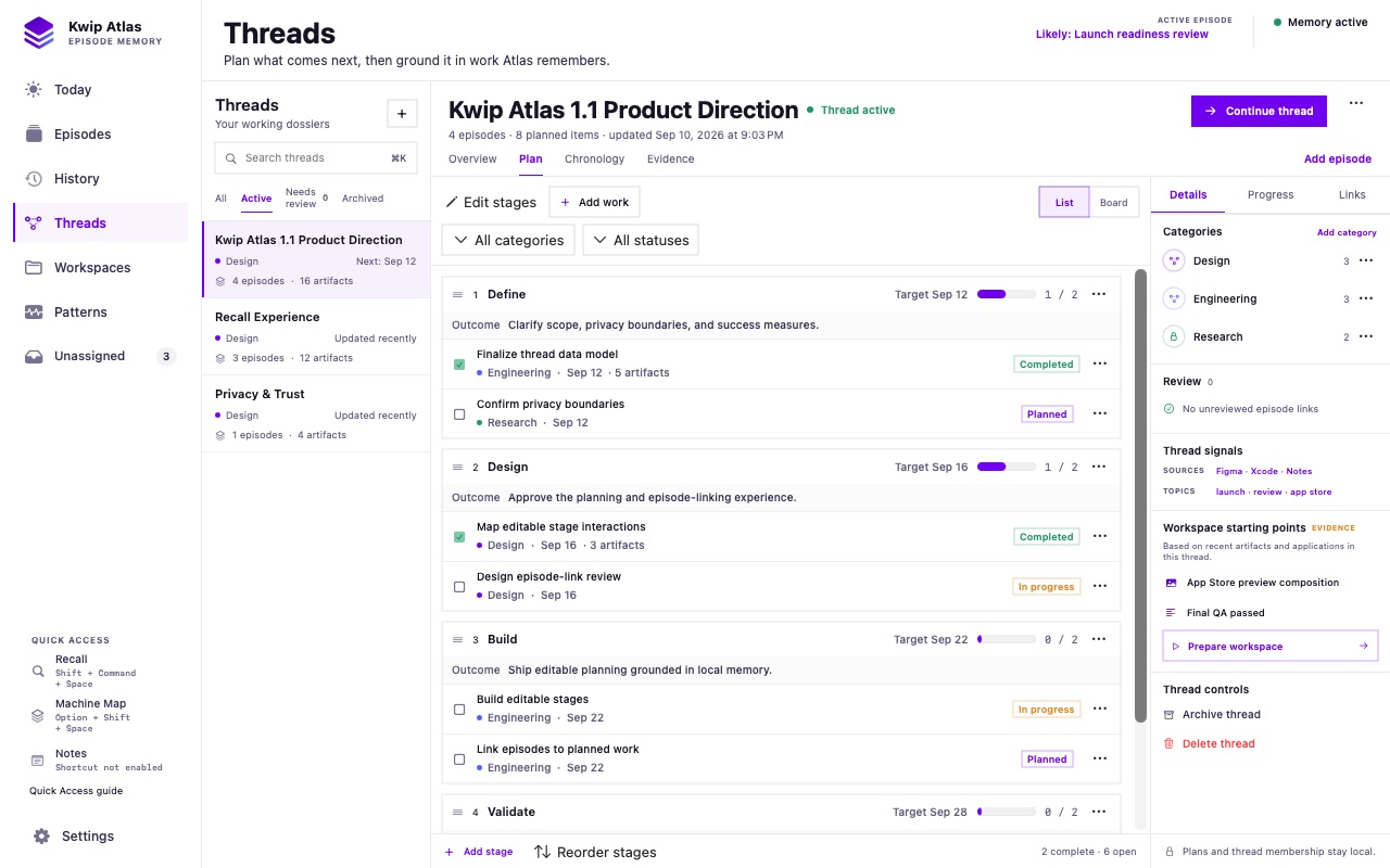 Atlas Threads view planning a product release across stages and linked episodes