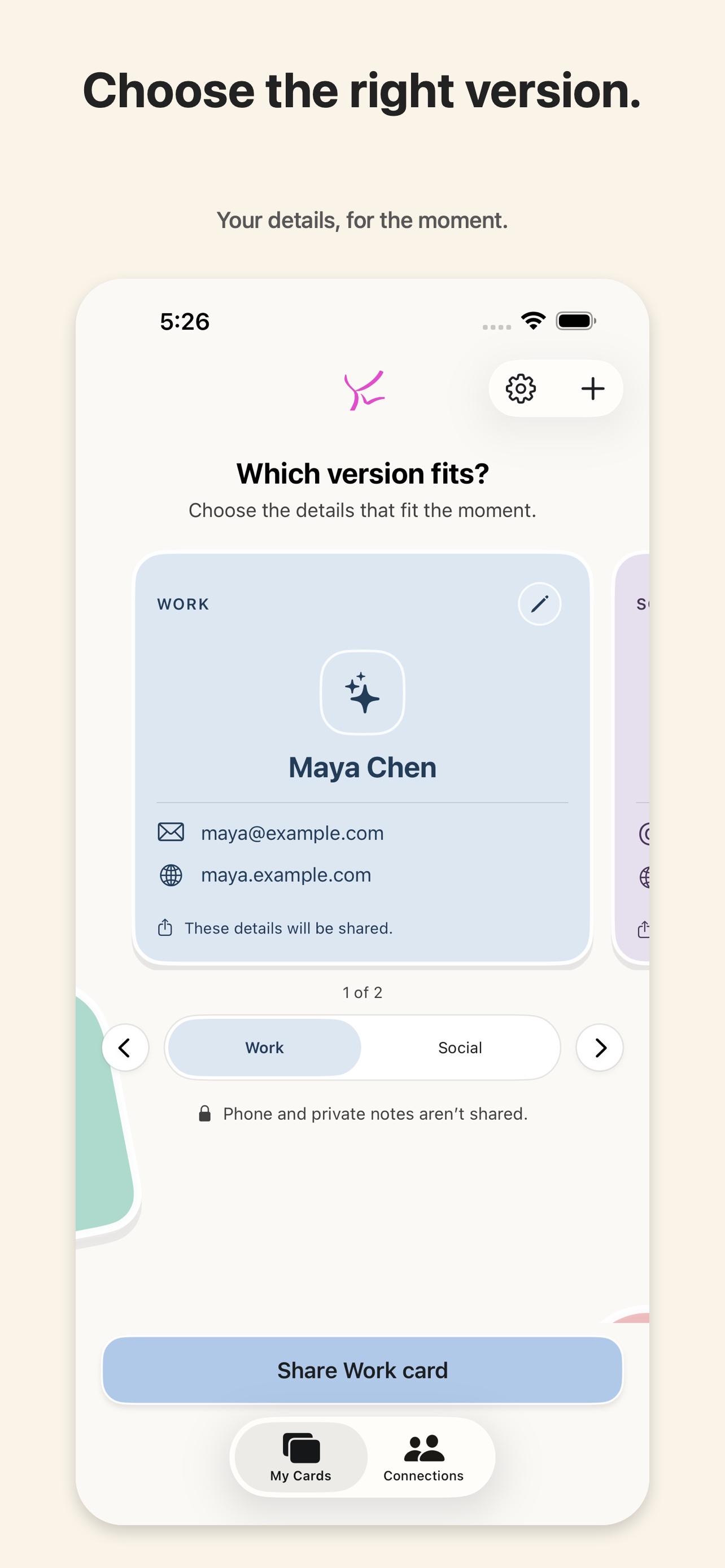 Kwip Contacts 1.1 My Cards carousel