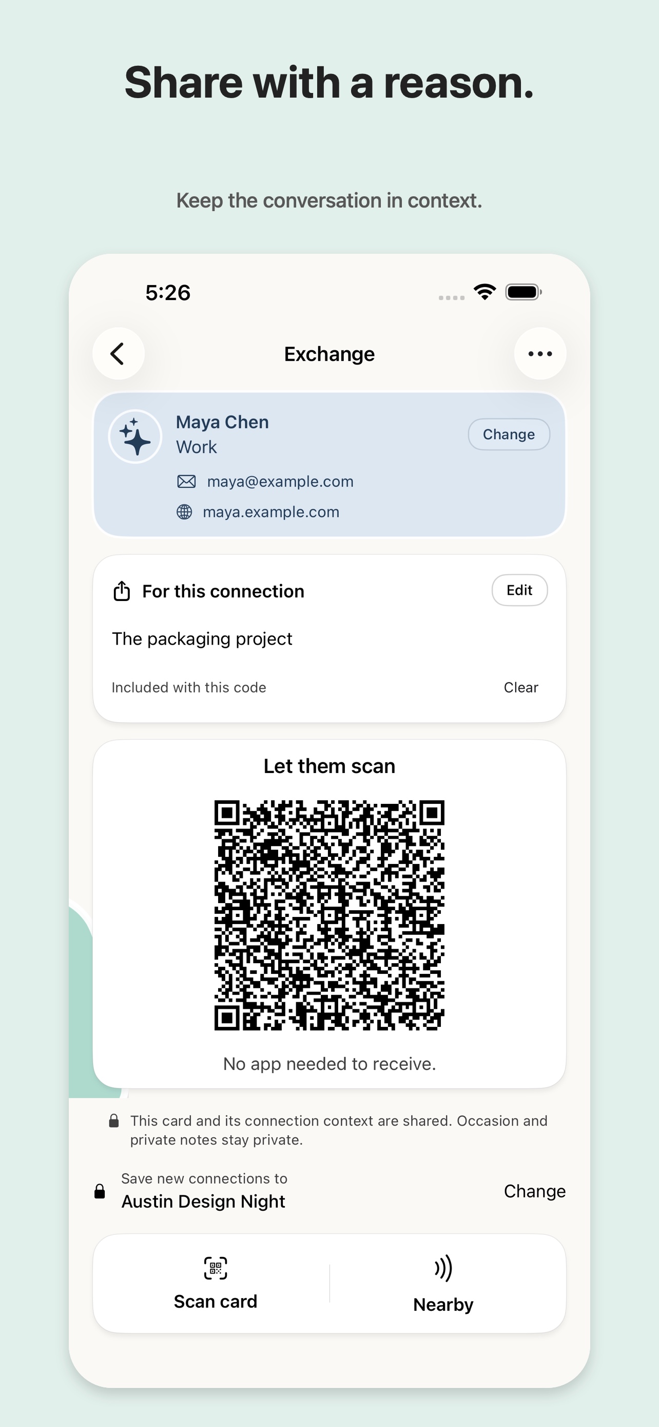 Kwip Contacts 1.1 sharing a card with a reason to reconnect
