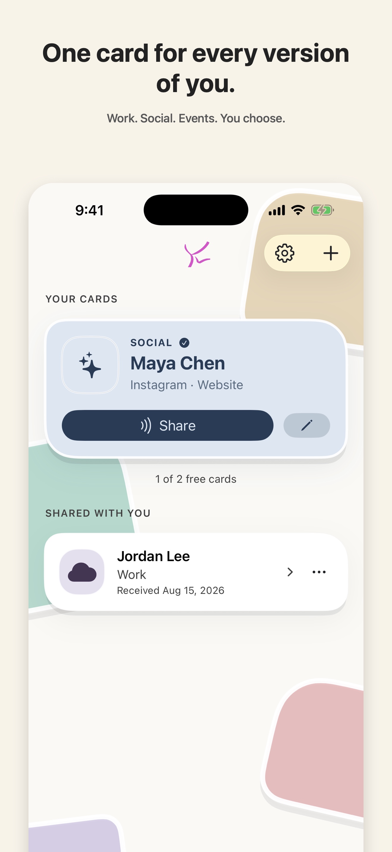 Kwip Contacts deck showing a Social card and a card received from Jordan Lee