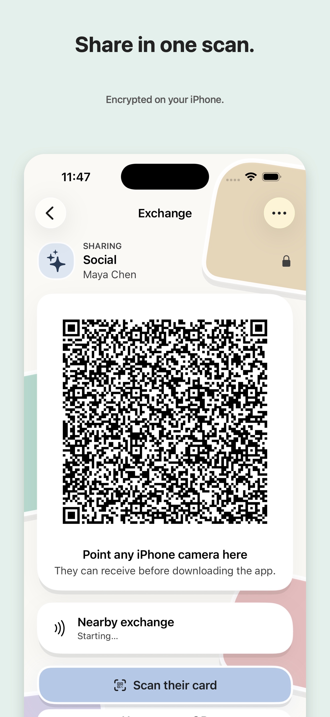 Kwip Contacts exchange screen with an encrypted QR and nearby exchange controls