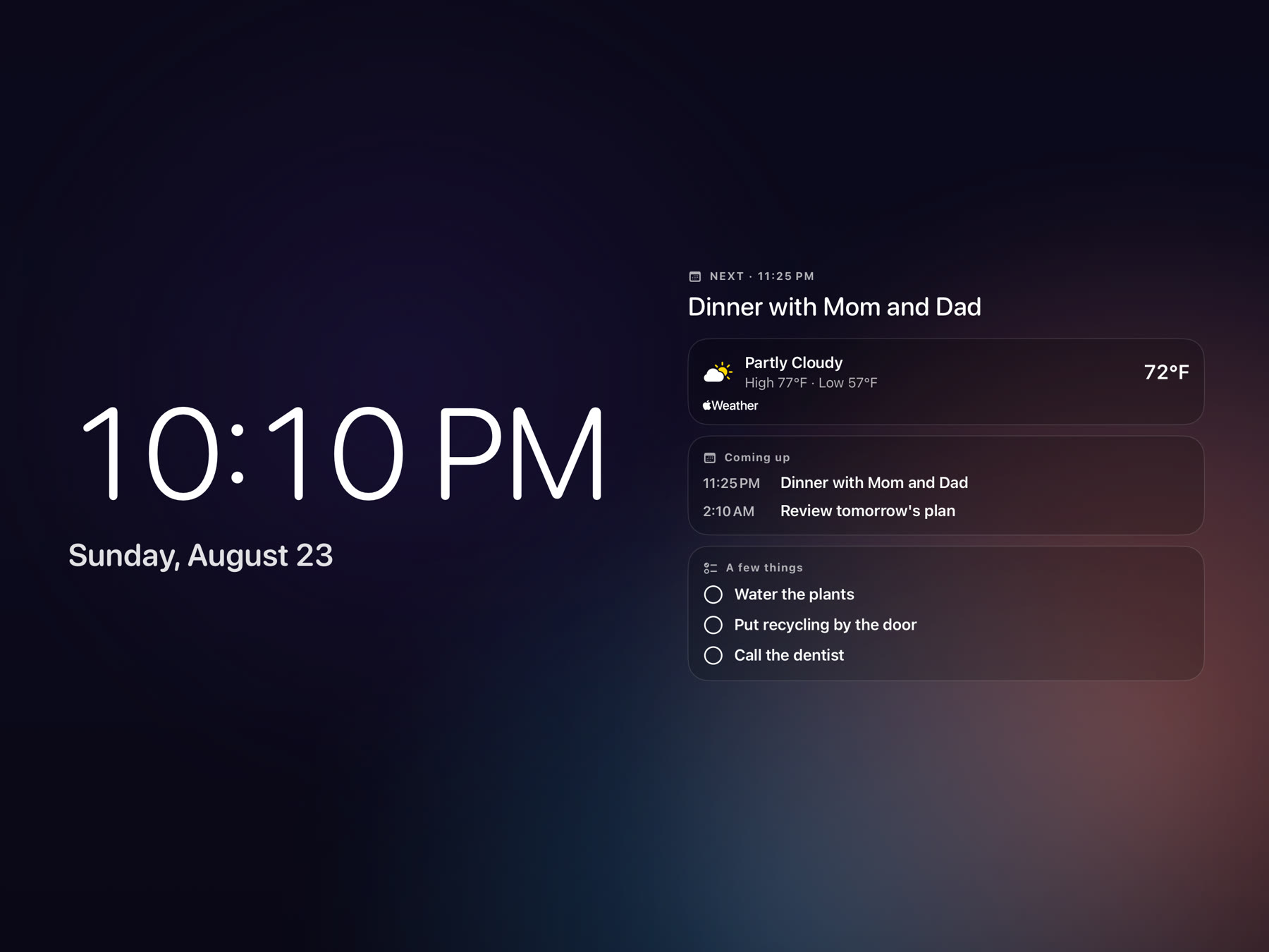 Laissez showing a large clock beside weather, upcoming calendar events, and reminders on an iPad display
